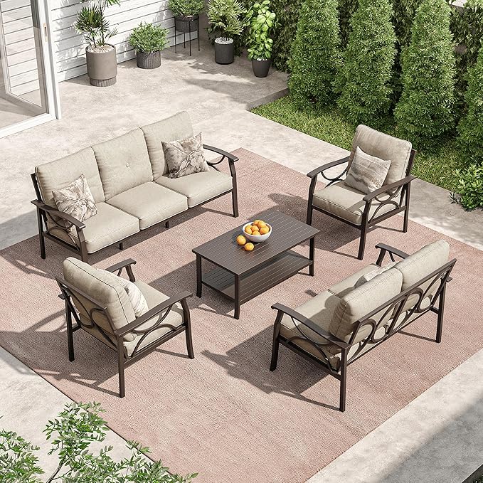 RoyalCraft Outdoor Patio Furniture Set, 5 Piece Patio Conversation Set with Coffee Table, Metal Furniture Set for Porch Backyard Garden, Coffee