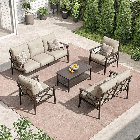 RoyalCraft Outdoor Patio Furniture Set, 5 Piece Patio Conversation Set with Coffee Table, Metal Furniture Set for Porch Backyard Garden, Coffee