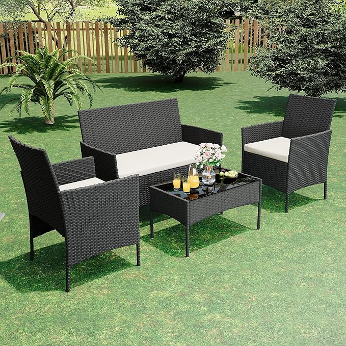 4 Piece Patio Furniture Set, Outdoor Deck Rattan Chair Wicker Combo Furniture, All Weather Dialogue Rattan Sofa with Upholstery and Glass Table for Garden, Backyard, Porch, Lawn, Pool, Black