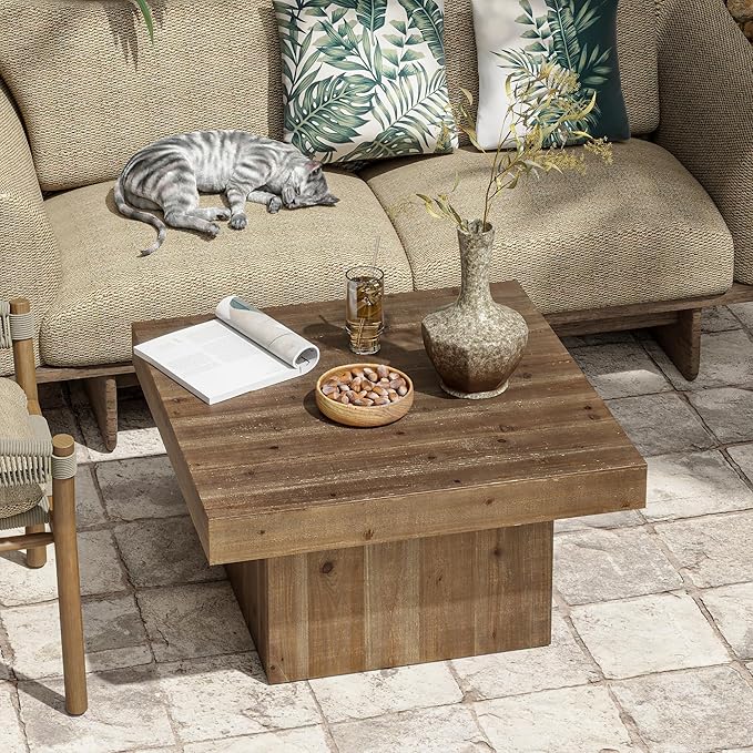 COZAYH Modern Farmhouse Wood Block Coffee Table, Rustic Square Table Chunk Table with Cubic Base for Family, Living Room, Lounge, Nature Wood Finish, Sturdy, Distressed, Rectangle