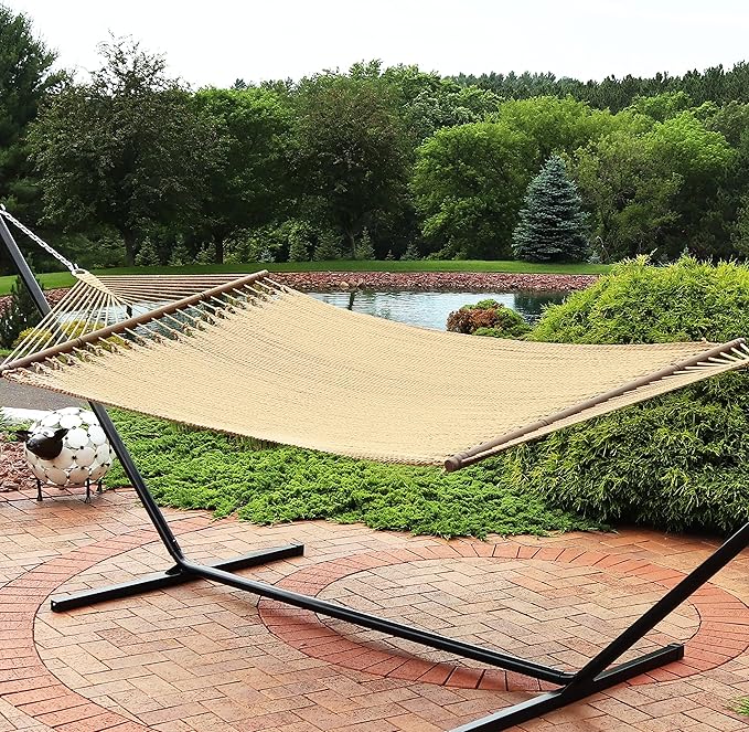 Sunnydaze Soft-Spun Polyester Rope Double Hammock for Outside - 600-Pound Weight Capacity Extra Large Hammock - Tan - Image 7