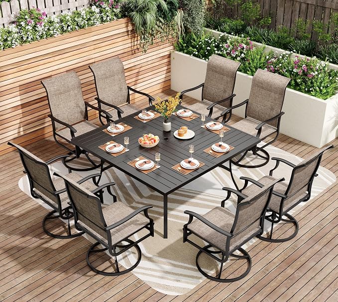 PHI VILLA 9 Pcs Patio Dining Set with Large Square Metal Dining Table & 8 High Back Padded Outdoor Swivel Dining Chairs, Outside Table Chair Furniture Dining Set for 8 Person by PHIVILLA