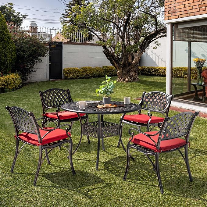 NUU GARDEN 5 Piece Patio Dining Set, Cast Aluminum Outdoor Dining Sets with Red Cushions, Round Patio Dining Table with Umbrella Hole for Garden, Backyard, Balcony, Black with Bronze Edge - Image 8