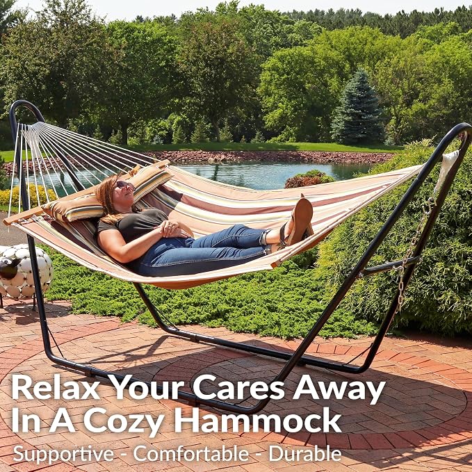 Sunnydaze Double Quilted Fabric Hammock with Universal Steel Stand - 450-Pound Capacity - Black Stand - Sandy Beach - Image 2