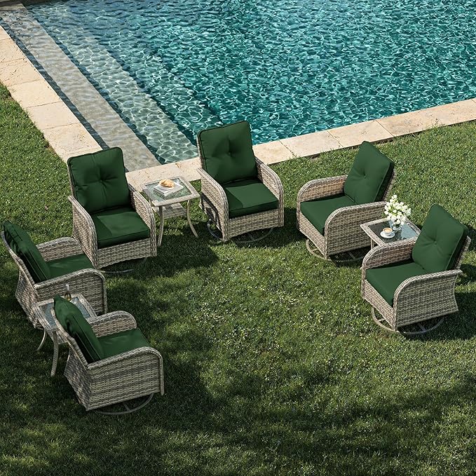 9-Piece Patio Rocking Swivel Chair Outdoor Wicker Rattan Bistro Set with Tempered Glass Side Table, Outdoor Patio Furniture Set for Garden, Deck, and Balcony, Green