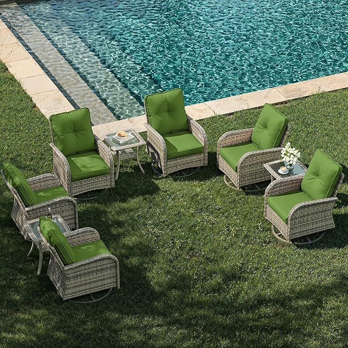 9-Piece Patio Rocking Swivel Chair Outdoor Wicker Rattan Bistro Set with Tempered Glass Side Table, Outdoor Patio Furniture Set for Garden, Deck, and Balcony, Avocado Green