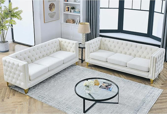 KEIKI Tufted Velvet 3+3 Seat Sofa Couch for Living Room, Buttons Tufted Square Arm Couch for Home Apartment, Beige