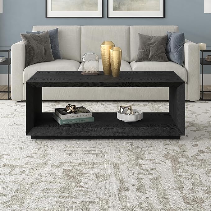 Henn&Hart 48" Rectangular Coffee Table with Open Storage Shelf for Living Room, Family Room, or Office, Natural Black