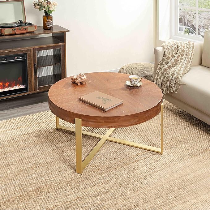 33.86" Round Coffee Table with X-Shaped Gold Metal Legs, Solid Wood Circle Table for Living Room, Retro Circular Table, Natural
