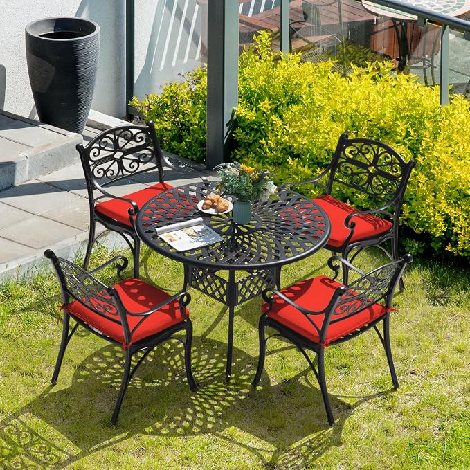 NUU GARDEN 5 Piece Outdoor Patio Dining Set, 42" Cast Aluminum, Round Patio Dining Table with 2.24" Umbrella Hole and Patio Dining Chairs with Cushions for Garden, Balcony, Bronze and Red - Image 9