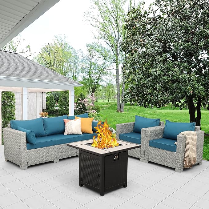 WAROOM Patio Furniture Set 4 Piece Outdoor Wicker Conversation Sets PE Rattan Couch Sectional Sofa with 30" Fire Pit Table, Peacock Blue Cushion