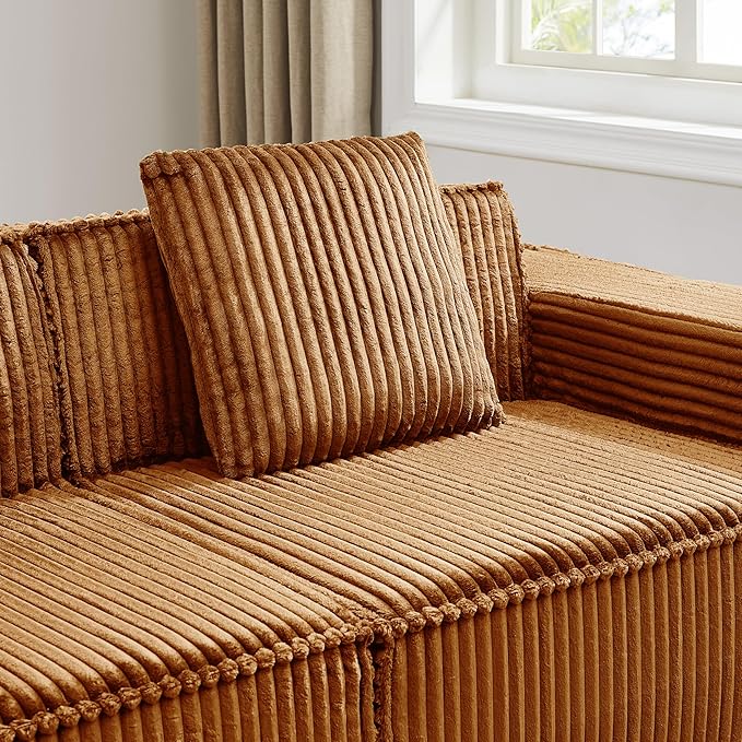 L-Shaped Corner Corduroy Sectional Sofa 4 Seat Modular Boneless Sofa Foam Cloud Couch with Movable Ottoman and Toss Pillows,Modern Deep Seat Convertible Chaise Sofa