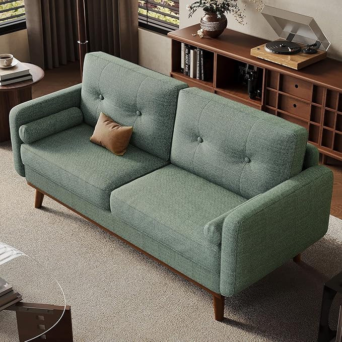 Garvee 65 in Mid Century Modern Loveseat Sofa for Small Spaces, 2 Seater Linen Upholstered Couch with Button Tufted Design & Wood Legs, Small Couch for Living Room, Bedroom, Office, Apartment, Green