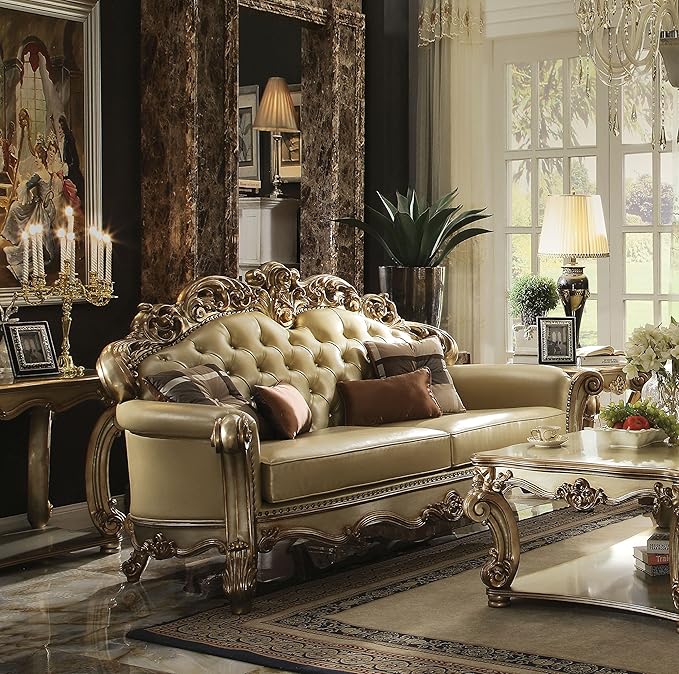 Acme Vendome Faux Leather Tufted Sofa in Bone and Gold Patina
