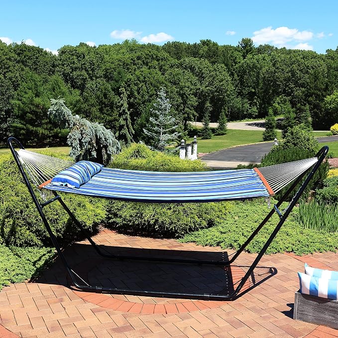 Sunnydaze Double Quilted Fabric Hammock with Universal Steel Stand - 450-Pound Capacity - Black Stand - Misty Beach - Image 7