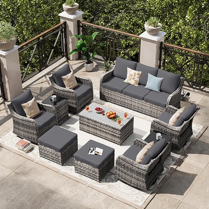 MEISSALIVVE Patio Furniture Set with Swivel Rocking Chairs, 10 Pieces Patio Conversation Set, Outdoor Wicker Sofa Couch with Waterproof Cushions for Lawn Backyard Porch (Grey)