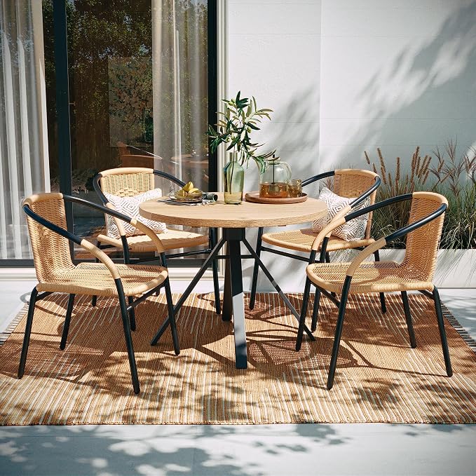 EMMA + OLIVER Set of 4 Modern Rattan Indoor/Outdoor Stack Chairs, Stacking Rattan Patio Chairs with Curved Back and Cross Bracing, Beige by EMMAOLIVER