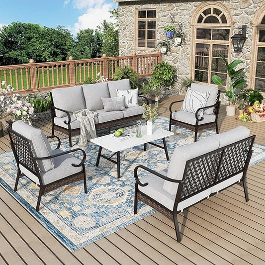 Patio Furniture Set with Coffee Table, Outdoor Conversation Set with 2 x Fixed Chairs, 1 x 2-Seat Sofa, 1 x 3-Seat Sofa for Lawn Garden Backyard, Light Grey