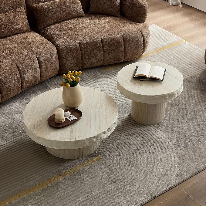Round Coffee Table Set of 2, Faux Marble Pattern Center Table Imitation Stone Cement Table with Side Table for Living Room Apartment (Fiberglass 31.69" & 23.82")