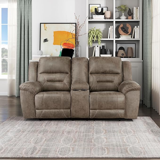 Lexicon Manual Double Reclining Loveseat with Center Console, Wall Hugger Polished Microfiber Dual Recliners Love Seat, for Living Room, Required Assembly, Brown