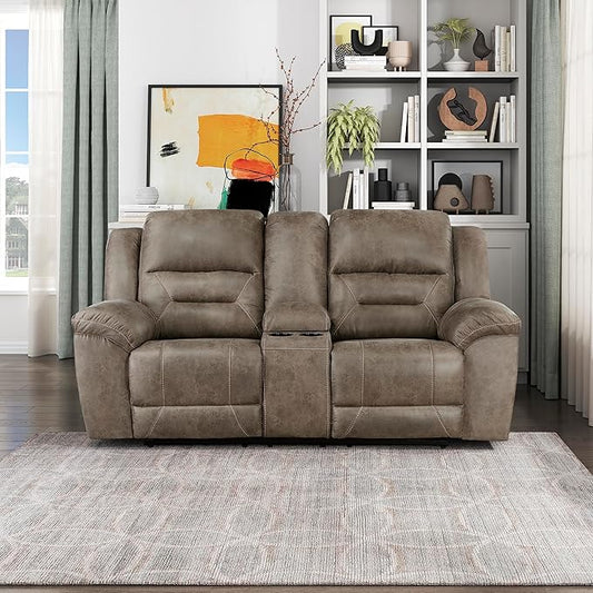 Lexicon Manual Double Reclining Loveseat with Center Console, Wall Hugger Polished Microfiber Dual Recliners Love Seat, for Living Room, Required Assembly, Brown