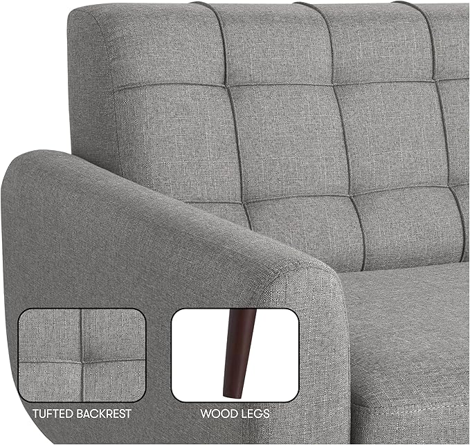Serta® David 61.2" Modern Sofa, Tufted Back Cushion, Rounded Arms, Solid Wood Legs, Dream Coil® Comfort, Woven Polyester Fabric, Gray