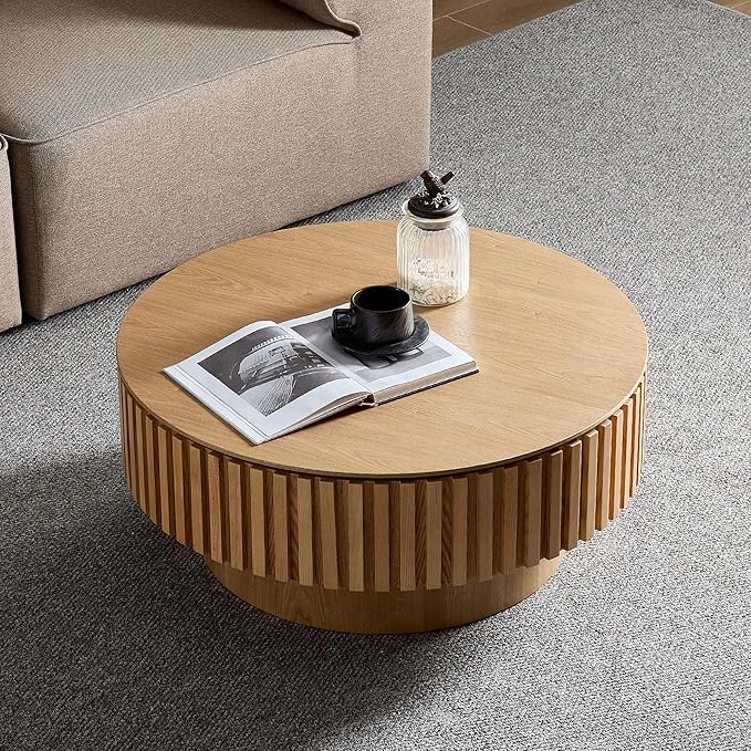 WILLIAMSPACE 31.49" Round Coffee Table with Storage for Living Room, Modern Circle Center Table with Solid Wood Veneered & Sturdy Pedestal, Accent End Tea Table for Apartment - Oak