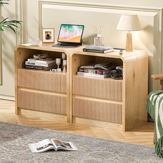 Modern Fluted Night Stand with Charging Station, 25" Tall Wood Nightstand Bedside Table with 3 Drawers & USB Ports, Mid-Century End Table for Bedroom (2, Nature Fluted, 2 Drawers) - Image 9