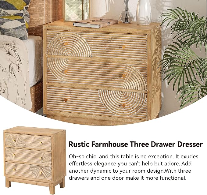 COZAYH 3-Drawer Farmhouse Dresser with Handicraft Wood Ring Motif, Set of 2 Fully Assembled Nightstand Wooden Finish for Boho, Mid-Century, Natural Wood, Rustic - Image 5