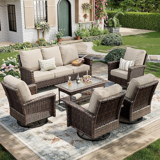 6-Piece Wicker Patio Furniture Set with Swivel Chairs, High Back Outdoor Sofa with 5.5-inch Thick Cushion, All-Weather Wicker Patio Conversation Set for Deck Yard Pool, Beige